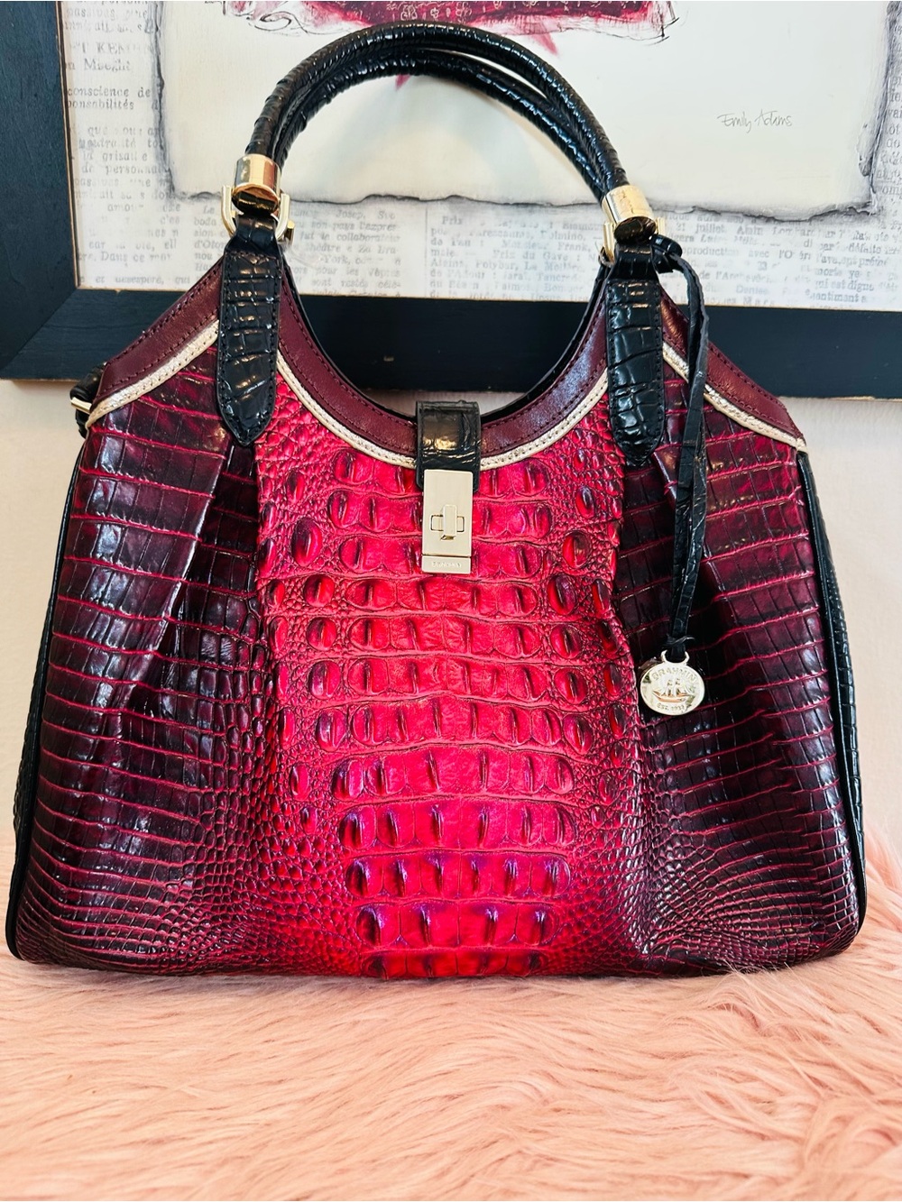 Brahmin Croc-Embossed Satchel in Red and Black